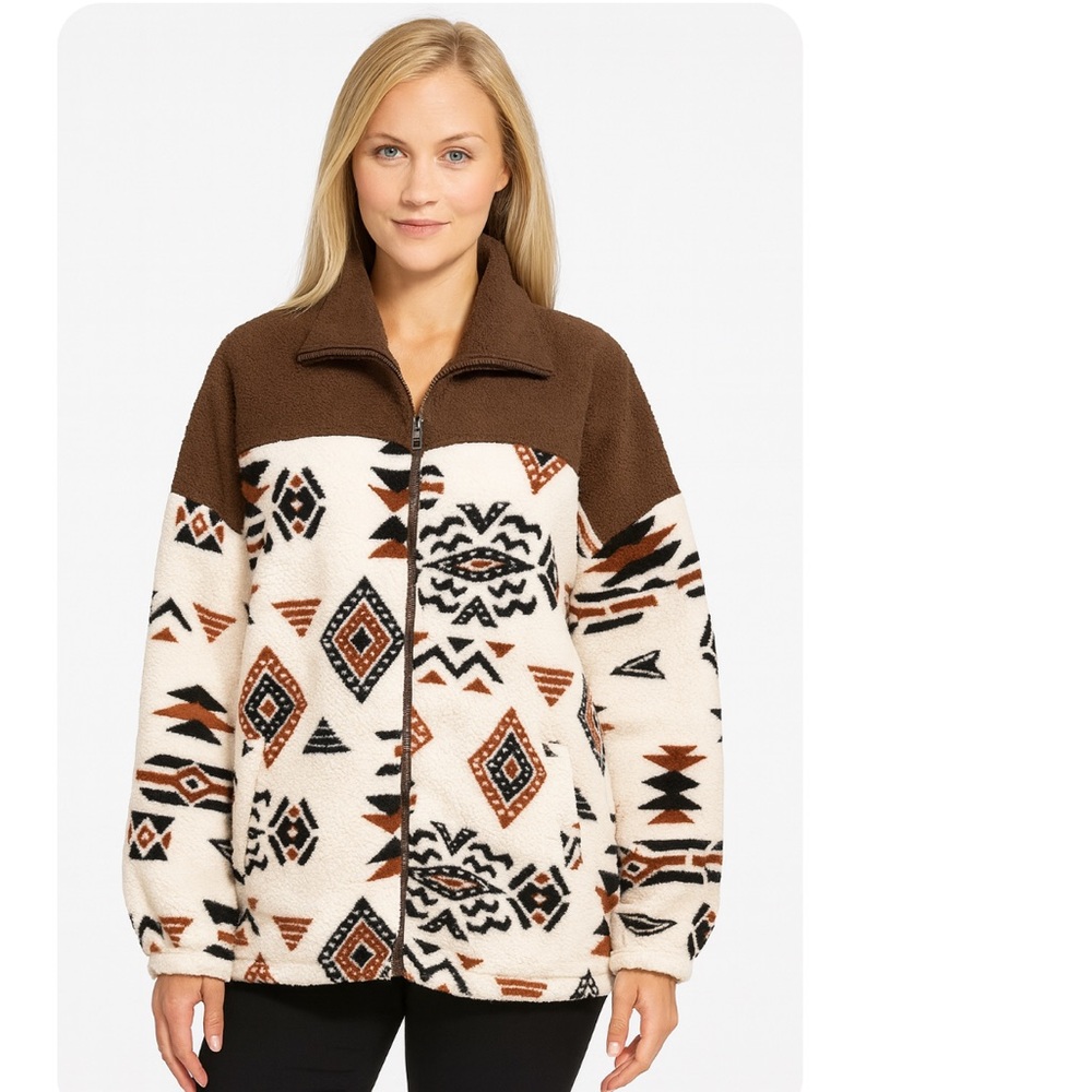 River Trail Brown and White Aztec Geometric Performance fleece Jacket 2xl NWT